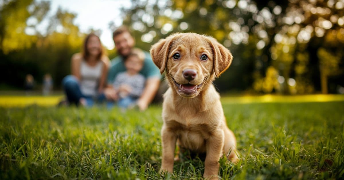 Happy puppy with family in the background